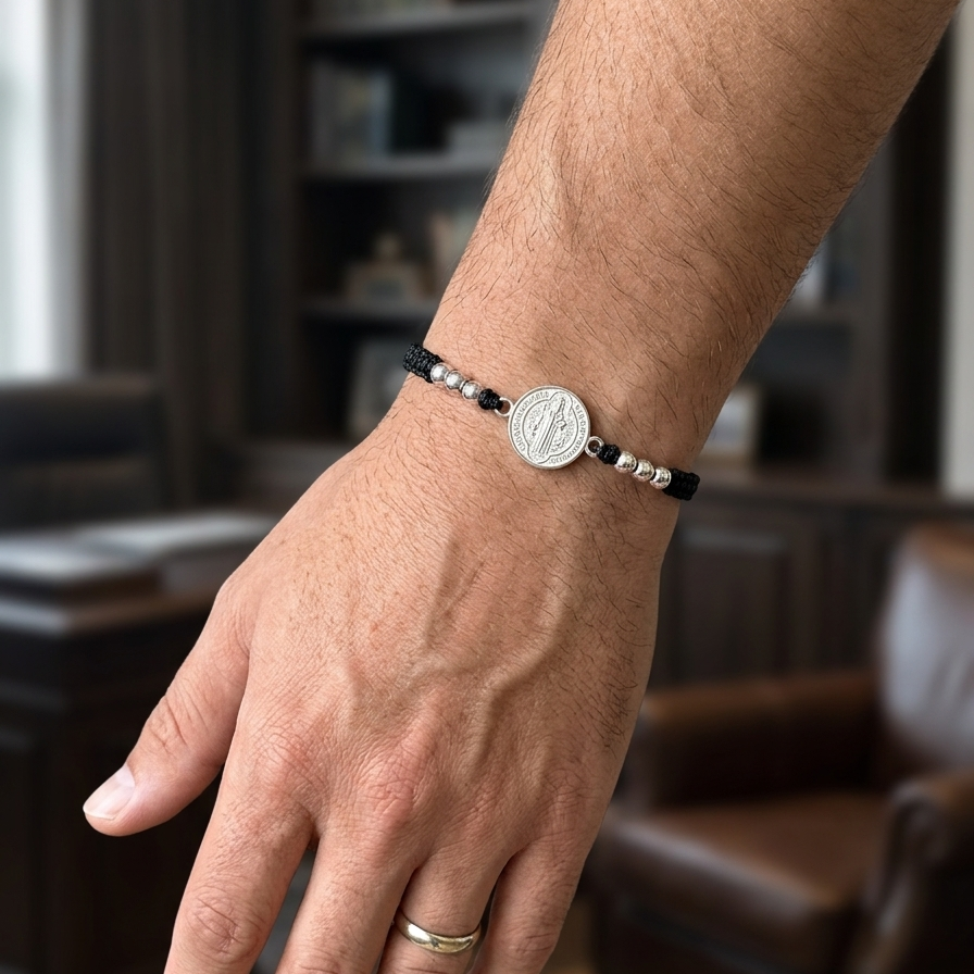 Pulsera San Benito. Plata 925. Bendición, Fortaleza y Protección