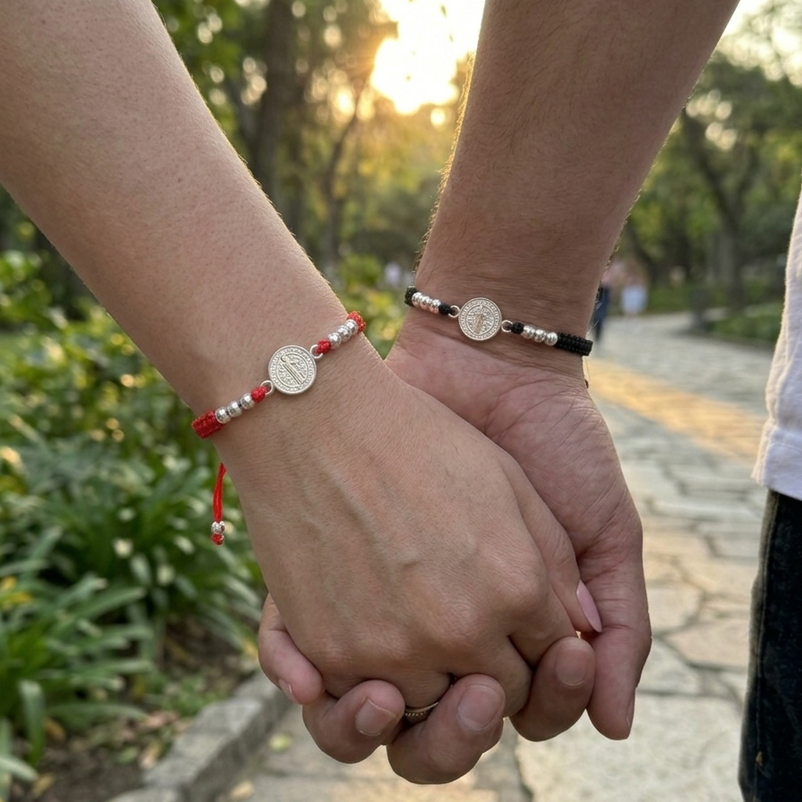 Pulsera San Benito. Plata 925. Bendición, Fortaleza y Protección
