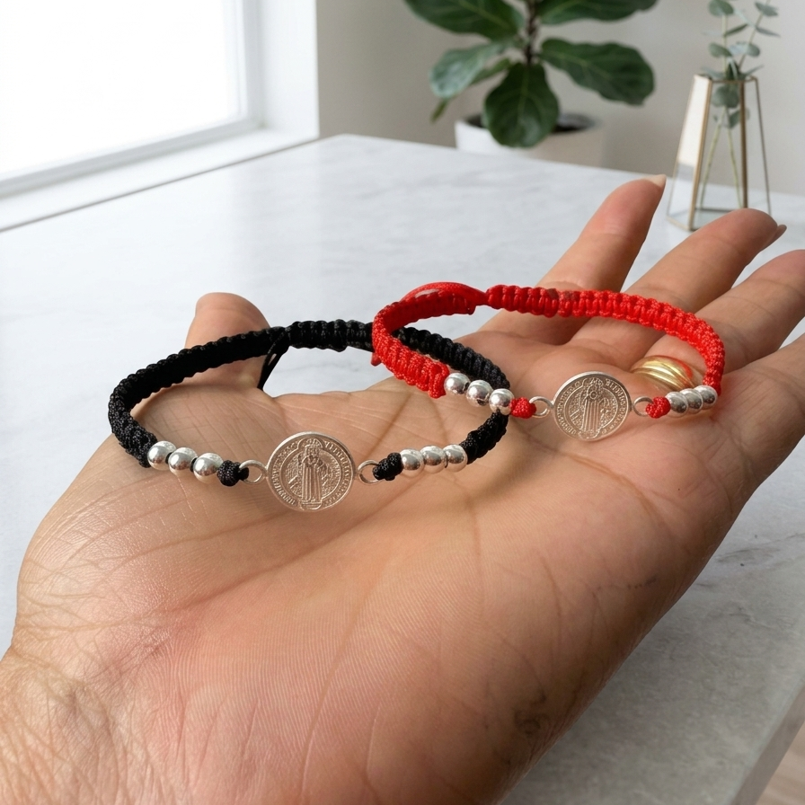 Pulsera San Benito. Plata 925. Bendición, Fortaleza y Protección